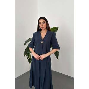 Navy Blue Single-Button Short Jacket and Skirt <b>Set</b> - Navy Blue - Product Image 3