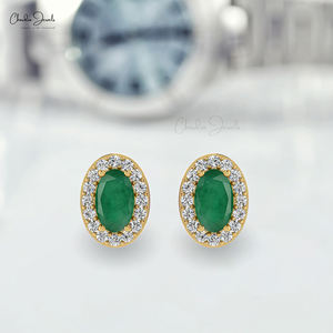 Handmade 14k Solid Gold Diamond Halo <b>Studs</b> 5x3mm Oval Cut <b>Emerald</b> Gemstone Bridal <b>Studs</b> May Birthstone Jewelry - Product Image 5