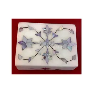 价格便宜，印度供应商矩形手工最新花卉设计天然大理石珍珠母镶嵌首饰盒
