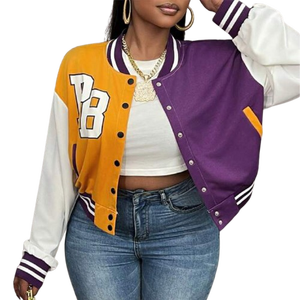 Vestes courtes pour femmes en violet, jaune et blanc, style universitaire, streetwear, vêtements d'extérieur, tendance, décontractée, fournisseur de mode - Product Image 1