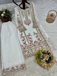 Derniers tissus blancs Kurti Palazzo Collection Heavy Faux Georgette avec une belle séquence de broderie et un travail de fil pour les femmes - Product Image 5