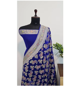 Sari en Georgette Banarasi Khaddi Pur Tissé à la Main, Tissu Premium, Bordures Zari Élégantes, Style Traditionnel pour Fêtes - Product Image 2