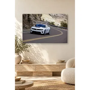 Impression sur toile : Fida White Camaro prenant une courbe de route en montagne - Product Image 5