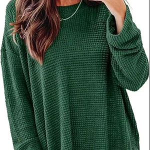 Camisas de manga larga para mujer, sudadera de gran tamaño, cuello redondo, Waffle Knit, Tops de primavera para mujer 2025 - Product Image 1