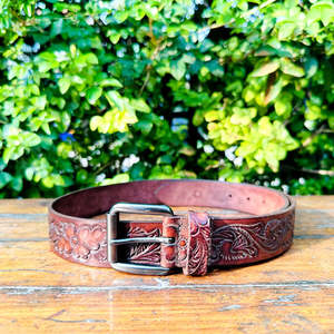 Bespoke Sheridan Design Classic Full Grain <b>Leather</b> <b>Belt</b> Horse Pattern Western Floral Carving <b>Tooling</b> Unique Roller Pin Buckle - Product Image 2