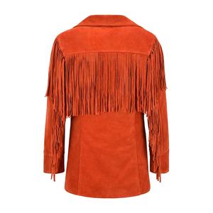 Chaqueta de cuero con flecos occidentales para mujer, chaqueta de piel de ante naranja auténtica - Product Image 6