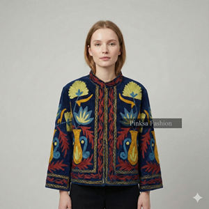 Chaqueta Bomber de Mujer, Gruesa, Ecológica, Bordada Artesanalmente, de Terciopelo/Algodón, Invernal, Retro, con Estampado Floral, Estilo Boho Chic Personalizado - Product Image 1