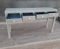 Console de bureau moderne en bois massif à quatre tiroirs, incrustation d'os faite à la main, qualité supérieure, écologique, artisanat indien naturel