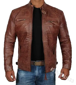 Chaqueta de piel de oveja de alta calidad para hombre, recién llegada, diseño informal de motorista marrón para invierno, chaqueta de moto de cuero genuino - Product Image 4
