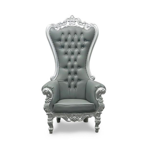 Throne Chairs Silver Carved with <b>Grey</b> Leather Handmade From Indonesia - Product Image 1