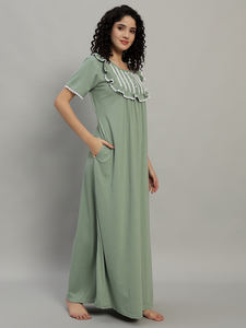 Chemise de nuit et robe de nuit élégante en dentelle 100% coton pour femmes, col rond, longueur totale, pour le printemps et l'été - Product Image 2