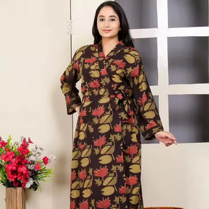 Vestido largo de algodón con estampado para mujer artístico y ajuste relajado con bolsillos laterales y mangas completas, ideal para uso diario - Product Image 6