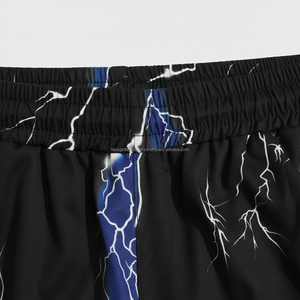 กางเกงขาสั้นผู้ชายลายกราฟิก แห้งเร็ว ผลิตตามแบบ OEM ลายสายฟ้าสีน้ำเงิน ดีไซน์พายุฝน สำหรับฤดูร้อน สไตล์สตรีทแวร์ - Product Image 5