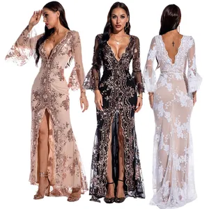 Dropshipping Luxury Backless V-neck Sequin Slit Party Dress Formal Dresses Evening Elegant Summer Prom Dresses 2022