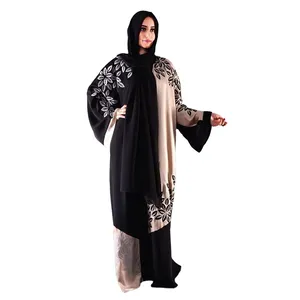 2023热卖Abaya迪拜穆斯林Abaya连衣裙女性穆斯林长长度纯色丝绸定制刺绣金色或黑色
