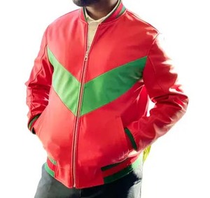 Blouson bomber en toile respirante et écologique pour homme, avec logo avant style universitaire rouge et vert, coupe-vent de qualité supérieure - Product Image 1