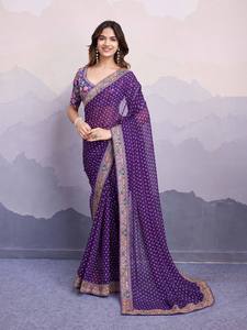 Saree en soie fausse georgette avec broderie et impression par FabZone pour la mode indienne et pakistanaise - Product Image 5