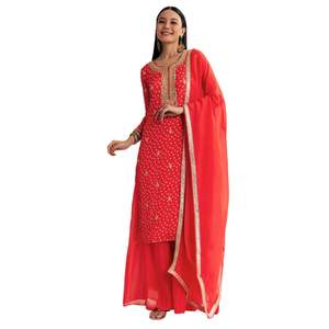 สีส้มสดใส bandhani kurta Palazzo สูทประดับเลื่อมและ dozosi ทำงานขายส่งเครื่องแต่งกายชนเผ่าสำหรับผู้หญิง - Product Image 4