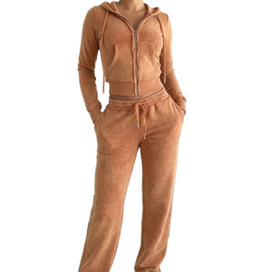 Conjunto Deportivo de Invierno para Mujer, Felpa Lavada al Ácido, con Logotipo Personalizado Bordado, Nuevo, Sudadera con Capucha y Cremallera de Manga Larga, con Cordón para Yoga - Product Image 1