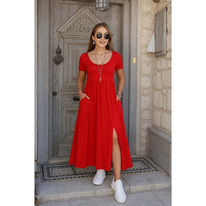 Women's Short-Sleeved Round Neck Front Slit Pocket <b>Viscose</b> Long <b>Dress</b>, 34096 - Red - Product Image 3