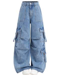 Jean cargo à jambes larges bleu clair pour femmes, pantalon en denim ample à taille haute avec plusieurs poches, streetwear, fournisseur OEM - Product Image 2