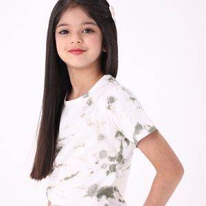 T-shirt en pur coton tricoté pour filles, longueur régulière, col rond, demi-manches, kaki, Tie and Dye, 100% - Product Image 6