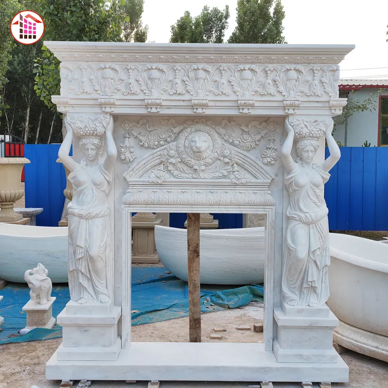 Usine chinoise personnaliser cheminée en marbre blanc naturel cheminée de luxe portrait sculpture cheminée grande taille