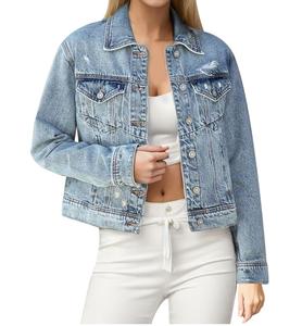 Vente en gros OEM Custom Stretch Respirant Cotton Female Cropped Loose Plus Size Single Buttons Denim Jacket Hooded Vintage - Product Image 5