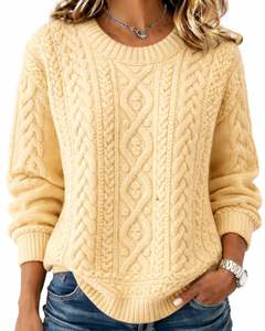 Customized Butter Yellow <b>Cable</b> <b>Knit</b> <b>Sweater</b> Crew Neck Long Sleeve Soft Winter Pullover For Women Warm Casual Knitwear Wholesale - Product Image 1
