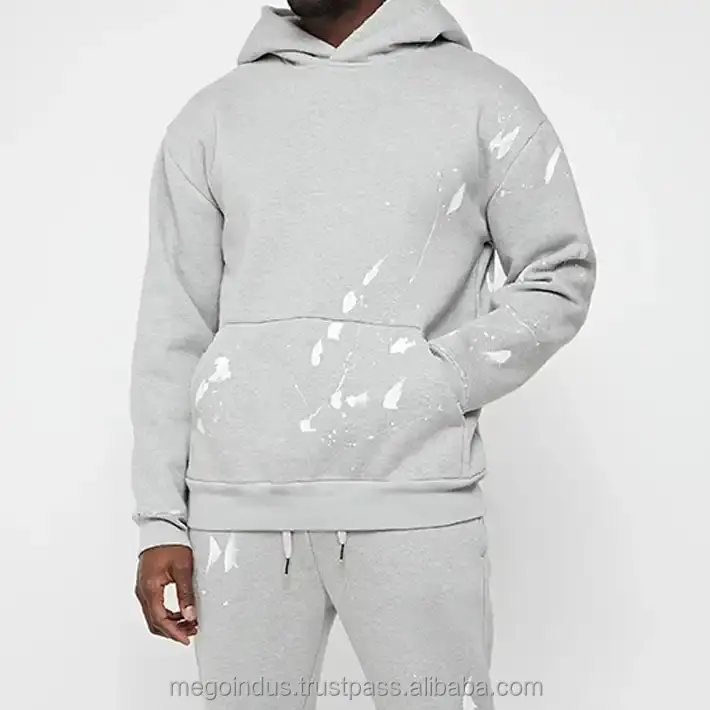 Roupa de treino de algodão de poliéster cinza para homens, preço de atacado OEM, novo design personalizado, com respingos de pintura