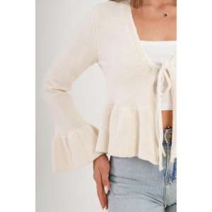 Cardigan blanc cassé pour femme avec détail volanté à nouer sur le devant – Vente en gros - Product Image 1