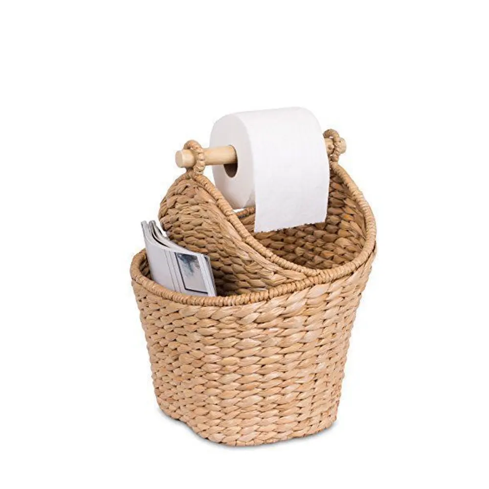 Handwoven natural water hyacinth toilet paper holder with magazine basket bathroom accessories and ornament from Vietnams