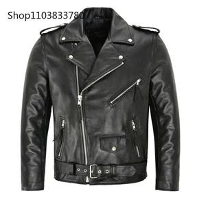 Chaqueta de cuero PU para hombre, abrigo de cuero ajustado a la moda para motocicleta, prendas de vestir para motocicleta con cuello vuelto sólido para hombre, ropa de calle 4XL - Product Image 6