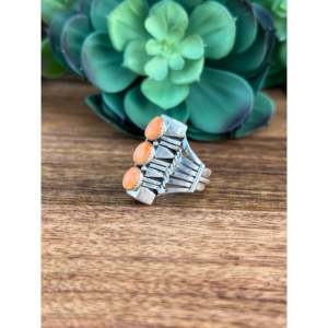 Russell Sam Spiny Oyster & Sterling Silver <b>Ring</b> Size 8 Rhodium-Plated Fine Jewelry with Coral and <b>Turquoise</b> Inlay - Product Image 3