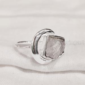 Bijoux en pierre brute Bague pour femme Quartz rose brut naturel Pierre précieuse Pierre de naissance d'avril Bague croissant de lune Bague en argent sterling 925 - Product Image 3