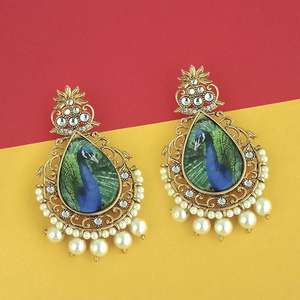 Boucles d'oreilles pendantes Kriaa Kundan Design Paon Perle Plaqué Or-1315124 - Product Image 1