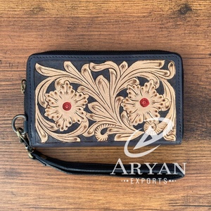 Nueva Cartera de cuero mecanizada a mano para mujer, cartera larga Vintage con patrón de hojas florales, monedero bohemio para mujer, regalo personalizado para ella - Product Image 1