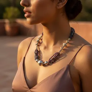 Collier en perles de quartz bohème pour femmes |   Religieux & Perle |   Forme de chiffre |   Agate, turquoise, bois, jade, opale, grenat - Product Image 1