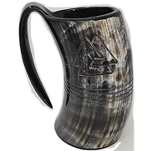 Mug à boire en corne de viking sculpté à la main de haute qualité, corne naturelle hautement polie d'Inde pour le vin, la bière, tasses en céramique - Product Image 2