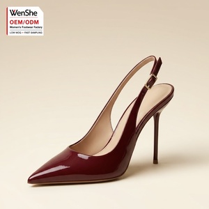 Scarpe da Donna con Tacco a Spillo Rosse Vino in Vernice, Punta Affusolata, Slingback, Personalizzabili OEM ODM, per Matrimoni e Feste, Calzature Eleganti con Tacco Alto - Product Image 1