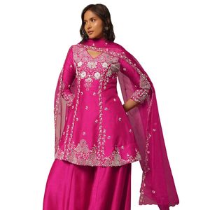 Conjunto de Kurta y Palazzo de Seda Rosa Bordada de Alta Calidad, Listo para Enviar, Venta al por Mayor, Ropa Étnica para Mujer, Proveedor de Fábrica OEM, Personalizado - Product Image 2