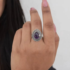 Anillo bohemio de pera de plata 925, joyería de piedras preciosas de amatista hecha a mano, venta al por mayor, pedido a granel, anillo llamativo de plata de marca - Product Image 1