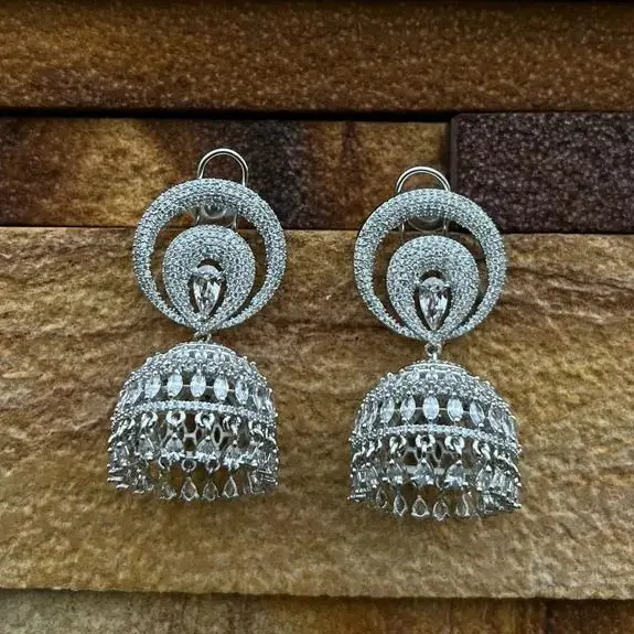 Prominent silver coated small jhumka drop earrings with American Diamond CZ Zircon stone jhumka earrings for woman's