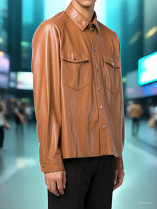 Chemise en cuir décontractée hommes Street Style à manches longues Letterman chemises en cuir hommes bouton couvert à manches longues chemise en cuir marron - Product Image 3