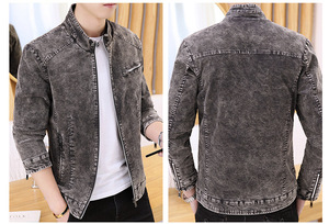 <b>Men's</b> Autumn Vintage Style <b>Denim</b> <b>Jacket</b> Stand Front Embroidered Khmer Motorcycle Design Zipper Closure Completed Product - Product Image 2