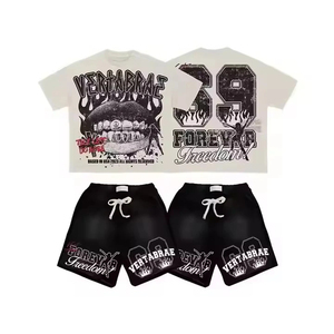 Nuevo Conjunto de Camiseta y Pantalones Cortos para Hombre con Logotipo Personalizado, Estampado Puff a Color, Lavado Ácido, Estilo Urbano, Pedrería, Transpirable, Estampado Serigrafiado para Verano - Product Image 4