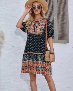 ชุดเดรสชายหาดสไตล์โบฮีเมียนสำหรับผู้หญิง, ชุดเดรสแขนสั้นพิมพ์ลายบล็อกทำจากผ้าธรรมชาติสามารถซักได้สำหรับตกแต่งในฤดูร้อน - Product Image 2