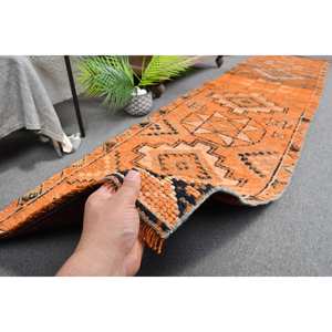 Tapis en Laine Vintage Turc Bohème Orange 2.6 X 10.3ft Patchwork Design Handmade Rectangle Weave Latex pour Couloir Tapis de Chevet - Product Image 3