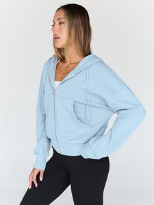Sudadera con capucha corta para mujer, azul claro liso, manga larga, de algodón tejido, para otoño, con cremallera frontal, estilo oversize - Product Image 2