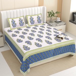 Drap de lit double en coton 200TC écologique, imprimé à la main, motif floral animalier bleu royal olive, inspiré de la nature traditionnelle indienne - Product Image 1